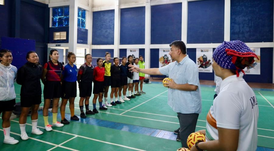 Advisor to Chief Minister and Secretary General, Nagaland Olympic Association, Abu Metha interact with athletes at thecoaching camp of the Pencak Silat Nagaland team. (DIPR Photo)